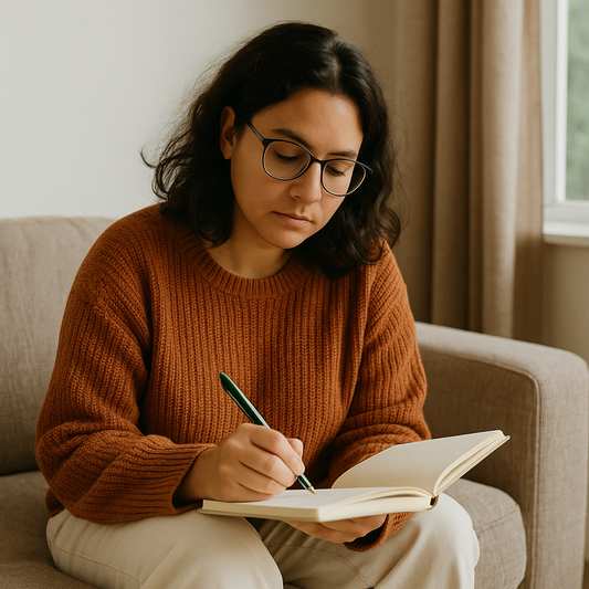 A young woman in a rust-colored sweater sits on a couch journaling quietly, surrounded by soft lighting and neutral tones — capturing the reflective, overstimulated calm of fall transitions for neurodivergent minds.