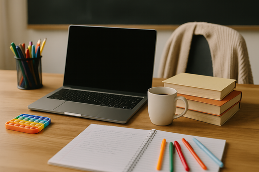 A warm-toned teacher’s desk with a laptop, colorful pens, a pop-it fidget toy, a cup of coffee, and a cozy cardigan on a chair — representing the quiet chaos of neurodivergent educators.