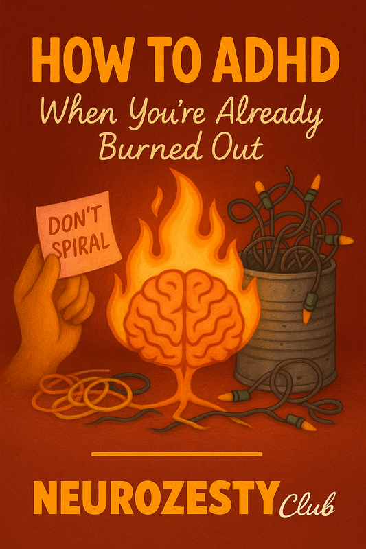 Illustration of ADHD burnout featuring a cluttered desk, overwhelmed brain, scattered to-do lists, coffee spill, and neurodivergent symbols in warm colors — visual metaphor for executive dysfunction and emotional exhaustion.